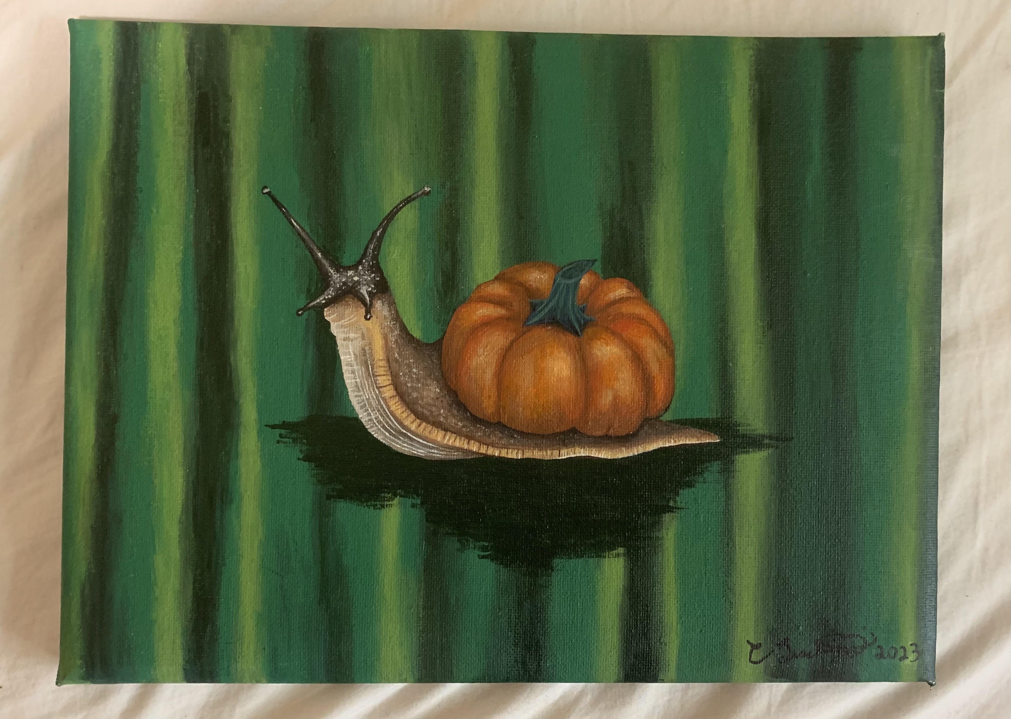 PaintEater Illustration of snail with pumpkin shell.
